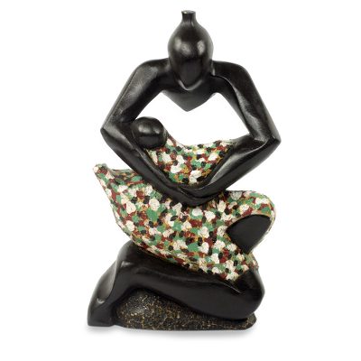 Wood sculpture, 'I Love My Child' - West African Abstract Wood Sculpture of a Mother and Baby