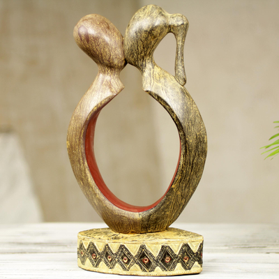 Wood sculpture, 'We are One in Love' - Abstract West African Wood Sculpture of Sweethearts