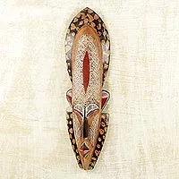 African wood mask, 'Living a Good Life' - Elongated Artisan Carved African Mask with Ornate Repousse