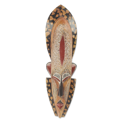 African wood mask, 'Living a Good Life' - Elongated Artisan Carved African Mask with Ornate Repousse