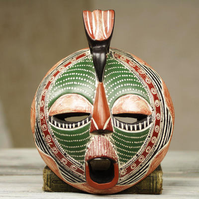 African wood mask, 'Song of Love and Peace' - Round Green African Mask Carved by Hand in Ghana