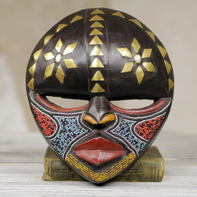 African wood mask, 'Barowa' - Hand Crafted West African Colorful Wood Wall Mask from Ghana