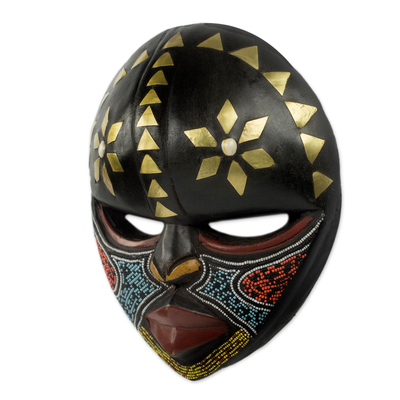 Afrikanische Holzmaske, „Barowa“ – handgefertigte westafrikanische bunte Holzwandmaske aus Ghana