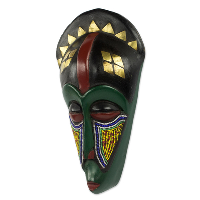 African wood mask, 'Mundao' - Artisan Crafted Wood Beaded Wall Mask from West Africa