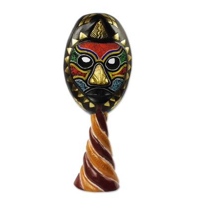 African wood mask, 'Sumsu' - West African Wood Mask with Brass and Recycled Glass Beads