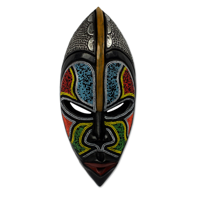 African wood mask, 'Zulu Homage' - West African Wood Beaded Wall Mask from Ghana