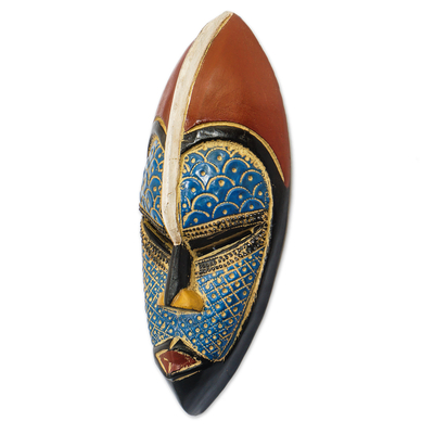 African wood mask, 'Zulu Blue' - Artisan Crafted Blue African Mask in Wood and Aluminum