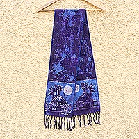 Cotton batik shawl, 'Blue Moonlight Village' - Artisan Crafted Signed Blue Batik Shawl from Ghana