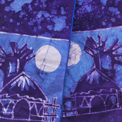 Cotton batik shawl, 'Blue Moonlight Village' - Artisan Crafted Signed Blue Batik Shawl from Ghana