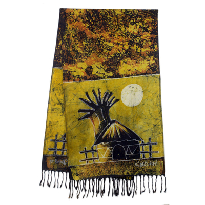 Cotton batik shawl, 'Golden Moonlight Village' - Signed Ghanaian Cotton Batik Shawl in Brown and Gold