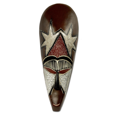African wood mask, 'My Stars' - Hand Carved African Mask with Repousse Accents