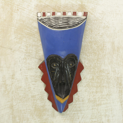 Máscara de madera africana - Máscara africana azul con incrustaciones de latón tallada a mano en madera