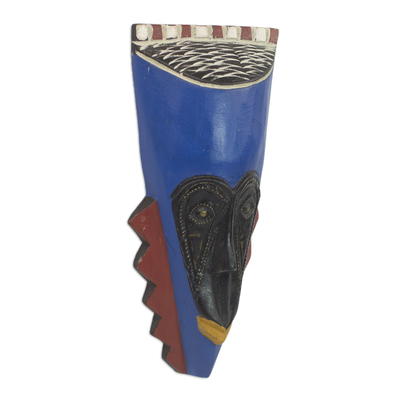 African wood mask, 'A Wealthy Man' - Brass Inlay Blue African Mask Hand Carved of Wood