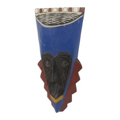 Afrikanische Holzmaske - Messing-Inlay, blaue afrikanische Maske, handgeschnitzt aus Holz