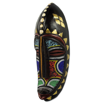 African beaded wood mask, 'Victorious One' - Hand Beaded Brass Inlay African Mask from Ghana