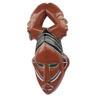 African wood mask, 'Cry for Victory' - Three-Headed African Mask Carved by Hand in Ghana