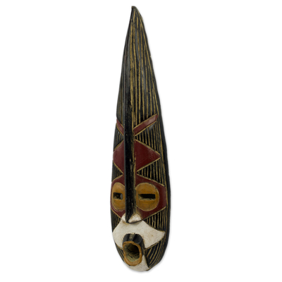 African wood mask, 'Helper King' - Brown and Black Long African Wall Mask from Ghana