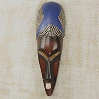 Máscara de madera africana - Máscara de pared de madera colorida tallada a mano de Ghana