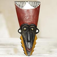 African wood mask, 'Always Good for Me' - Original Artisan Carved African Mask with Embossed Brass