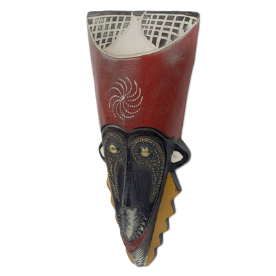Máscara de madera africana - Máscara africana original tallada artesanalmente con latón en relieve