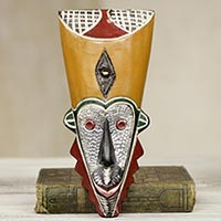 African wood mask, 'Saboni' - Colorful African Mask with Brass and Aluminum Accents