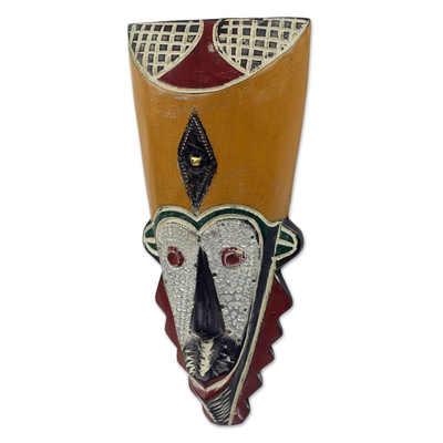 Afrikanische Holzmaske, „Saboni“ – Bunte afrikanische Maske mit Messing- und Aluminiumakzenten