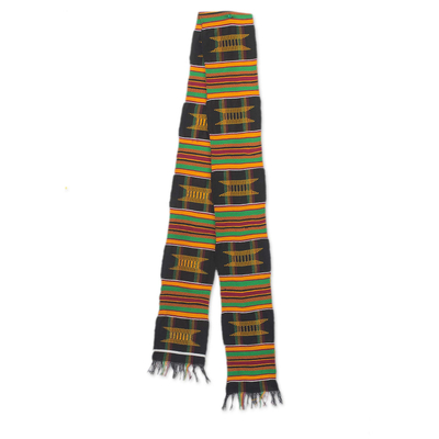 Cotton blend kente cloth scarf, 'Sika Gua' (5 inch width) - Hand Loomed Multicolored Kente Cloth Scarf (5 Inch Width)