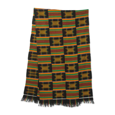 Cotton blend kente cloth scarf, 'Sika Gua' (20 inch width) - Ghanaian Artisan Crafted Kente Cloth Scarf (20 Inch Width)