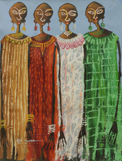 'Fashion Ladies' - Original Acrylic Painting Portrait of Four Women from Ghana