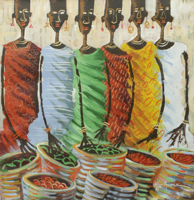 'Mujeres del mercado' - Pintura acrílica original de la escena del mercado de Ghana