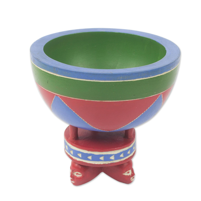 Wood decorative bowl, 'Mantse Color' - African Decorative Wood Bowl with Stand Crafted by Hand