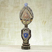 Wood statuette, 'Sika Sunsum' - Artisan Hand Carved Sese Wood and Aluminum Beaded Statuette