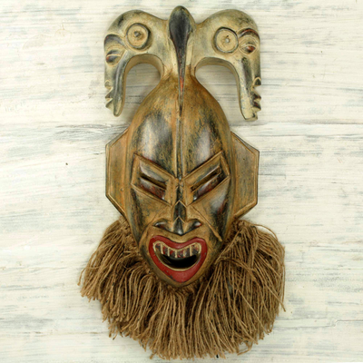 African wood mask, 'Senufo Presence' - Ornate Senufo Wall Mask Artisan Crafted African Tribe Art