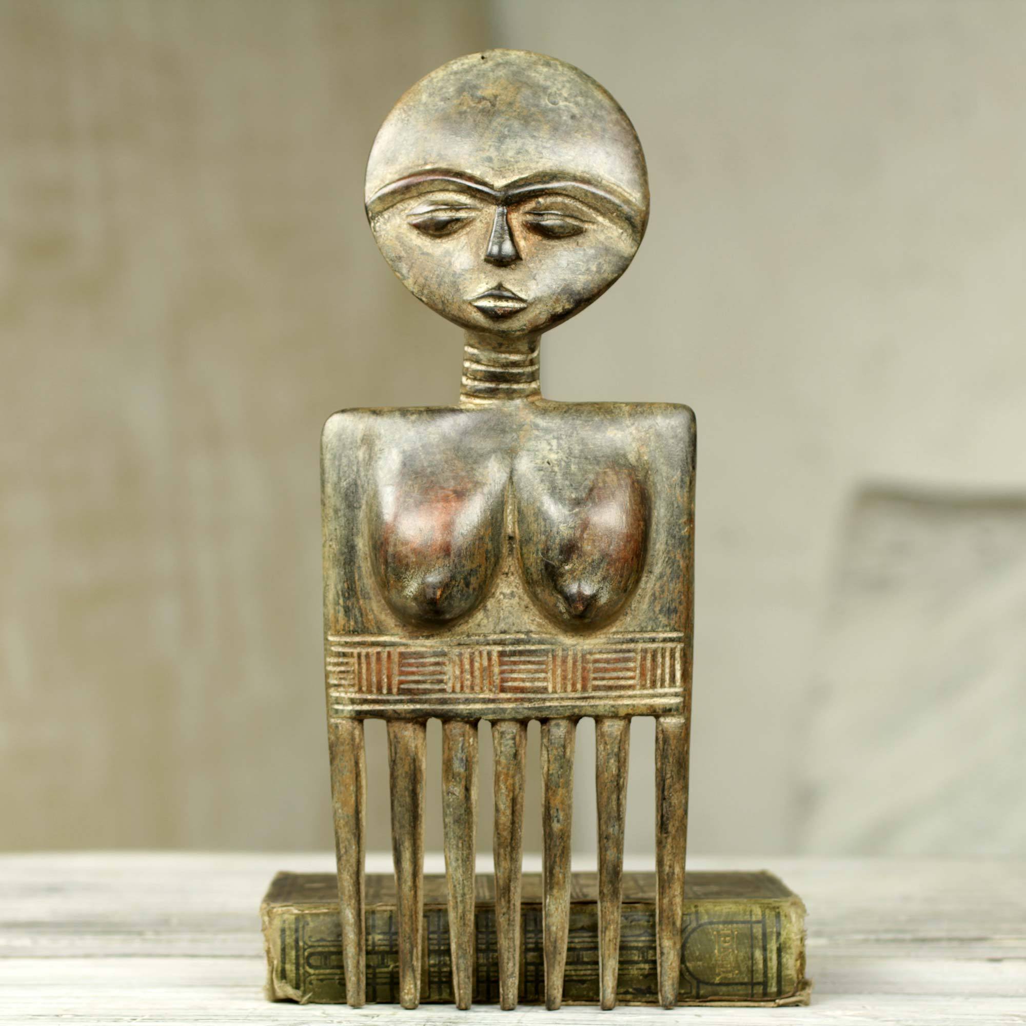 Fante Woman Comb Artisan Crafted Wood Wall Art Sculpture I