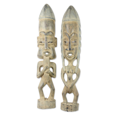 Wood statuettes, 'Awarefoo' (pair) - Pair of Male and Female Handmade Wood Statuettes from Ghana
