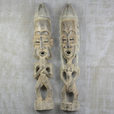 Wood statuettes, 'Awarefoo' (pair) - Pair of Male and Female Handmade Wood Statuettes from Ghana