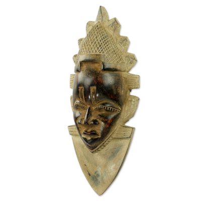 African wood mask, 'Festac Queen Idia' - Antiqued African Wood Mask of Queen Idia Nigeria Festac