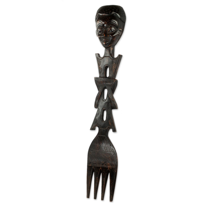Wood wall sculpture, 'Afia's Fork' - Fork-shaped Wall Sculpture with Female Face Carved in Wood