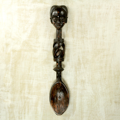 Wood wall sculpture, 'Adwoa's Spoon' - Spoon-shaped Wall Sculpture with Female Face Carved in Wood