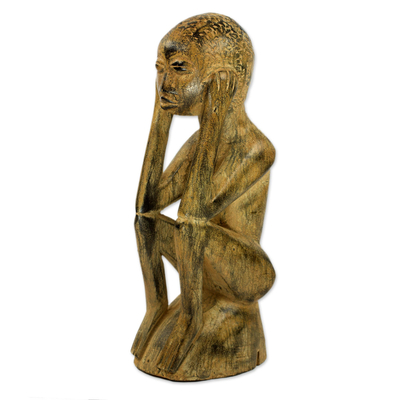 Wood sculpture, 'Thinking Man' - Rustic Artisan Carved Wood Sculpture of Thinking Man