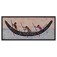 Arte de pared de batik de algodón, 'Los pescadores perdidos' - Pintura al óleo enmarcada sobre algodón y tela Batik de Ghana