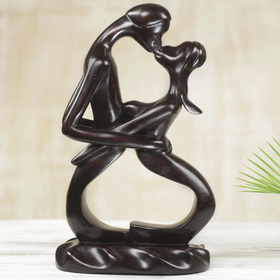 Wood Sculpture, 'Love is So Sweet' - Romantic Wood Sculpture of a Kissing Couple from Ghana