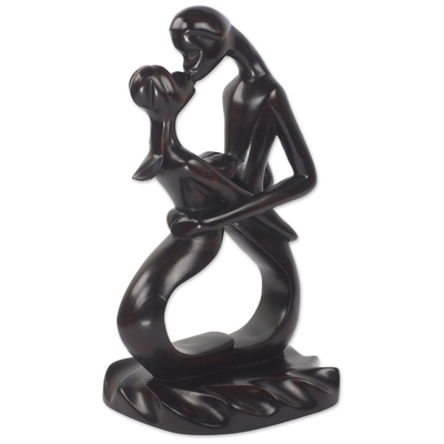 Wood Sculpture, 'Love is So Sweet' - Romantic Wood Sculpture of a Kissing Couple from Ghana