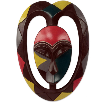 African Protective Wood Wall Mask Heart Shaped Kwele Art