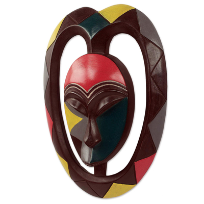 African wood mask, 'Kwele Mask II' - African Protective Wood Wall Mask Heart Shaped Kwele Art