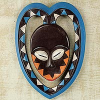 African wood mask, 'Kwele Mask I' - African Art Heart Shaped Kwele Protective Handmade Wood Mask