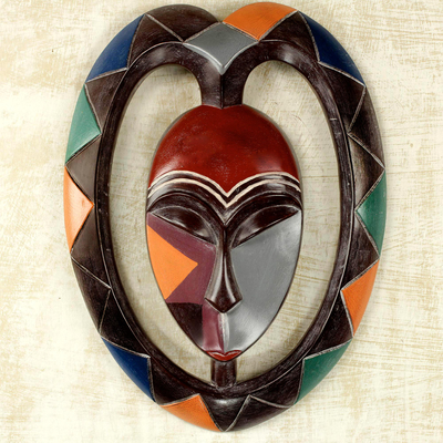 African wood mask, 'Kwele Mask III' - Heart Shaped Kwele Protective Wood Mask Handmade African Art
