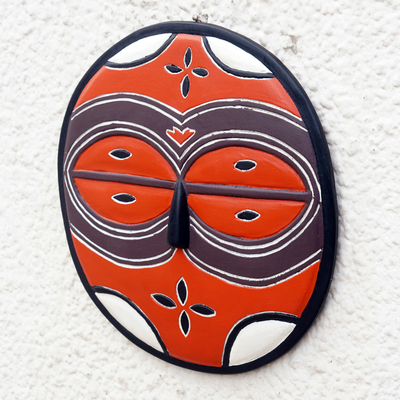 African wood mask, 'Teke-Tsaye Ritual' - Circular Orange African Mask Carved by Hand in Ghana