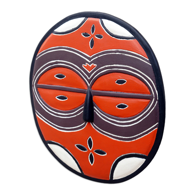 African wood mask, 'Teke-Tsaye Ritual' - Circular Orange African Mask Carved by Hand in Ghana