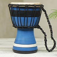 Wood mini-djembe drum, 'Blue Invitation to Peace'